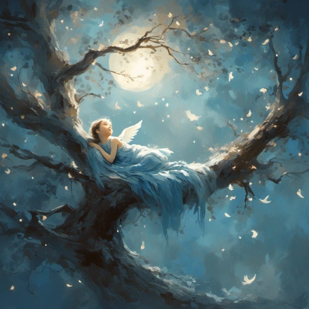 <lora:MoonNight:1.0> moonlight, night time baby angel sleeping inna tree