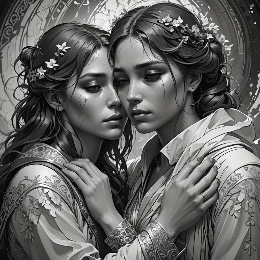 (black and white) A girl huging her lover crying