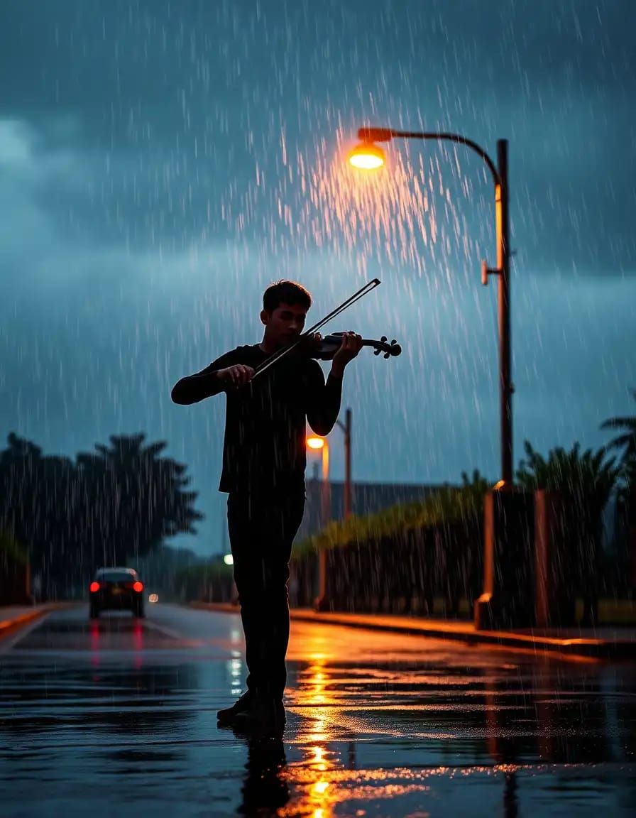 A young man plays a violin
