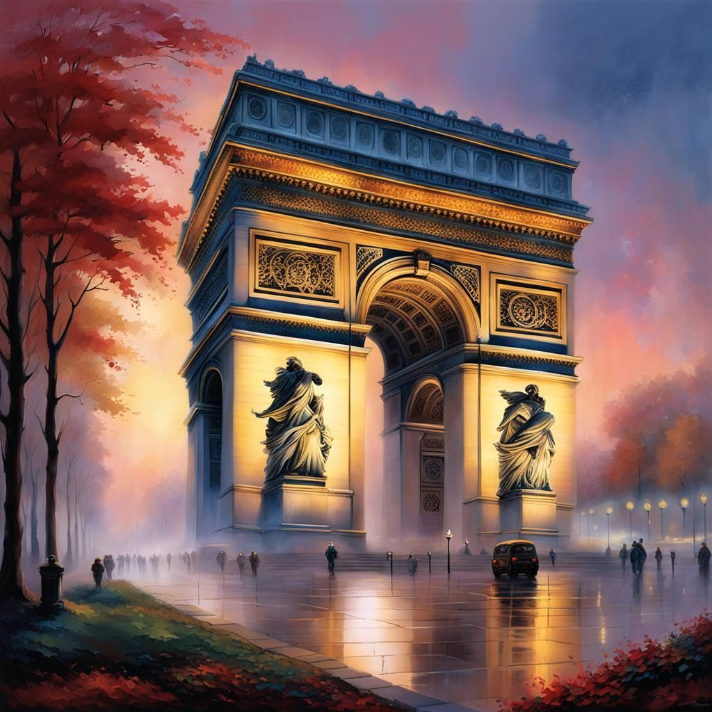 The Arc de Triomphe lit up at night