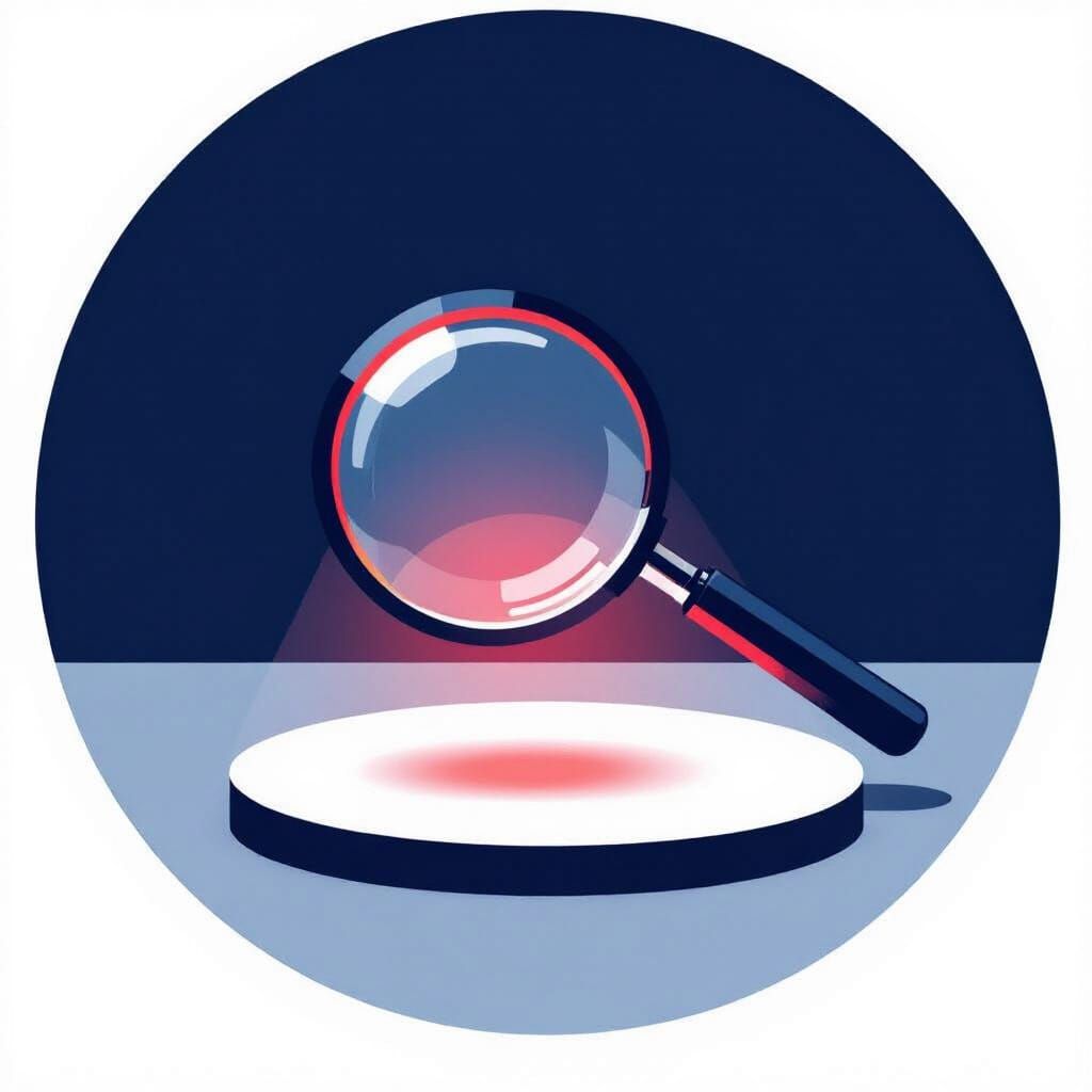 Flat minimalist vector illustration in a modern corporate style. A dark blue magnifying glass (#0f1e5a) hovers over a white document or circ...