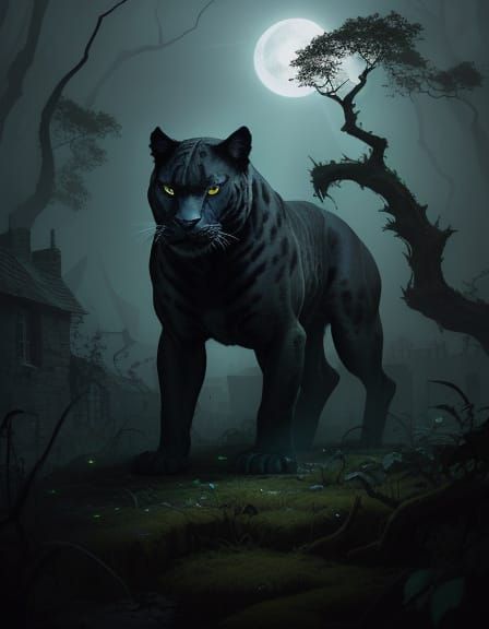 A lone, ancient panther with eyes like molten gold stalks through a forgotten, overgrown village at twilight. Crumbling stone buildings are ...
