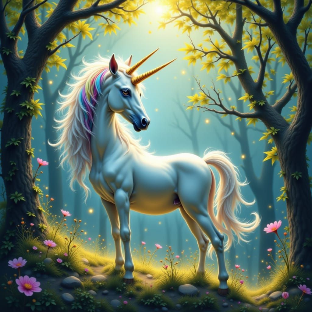 <lora:Not Wik Again:1.0> A majestic unicorn with a pearlescent white coat, a shimmering rainbow mane, and a spiraling golden horn, standing ...