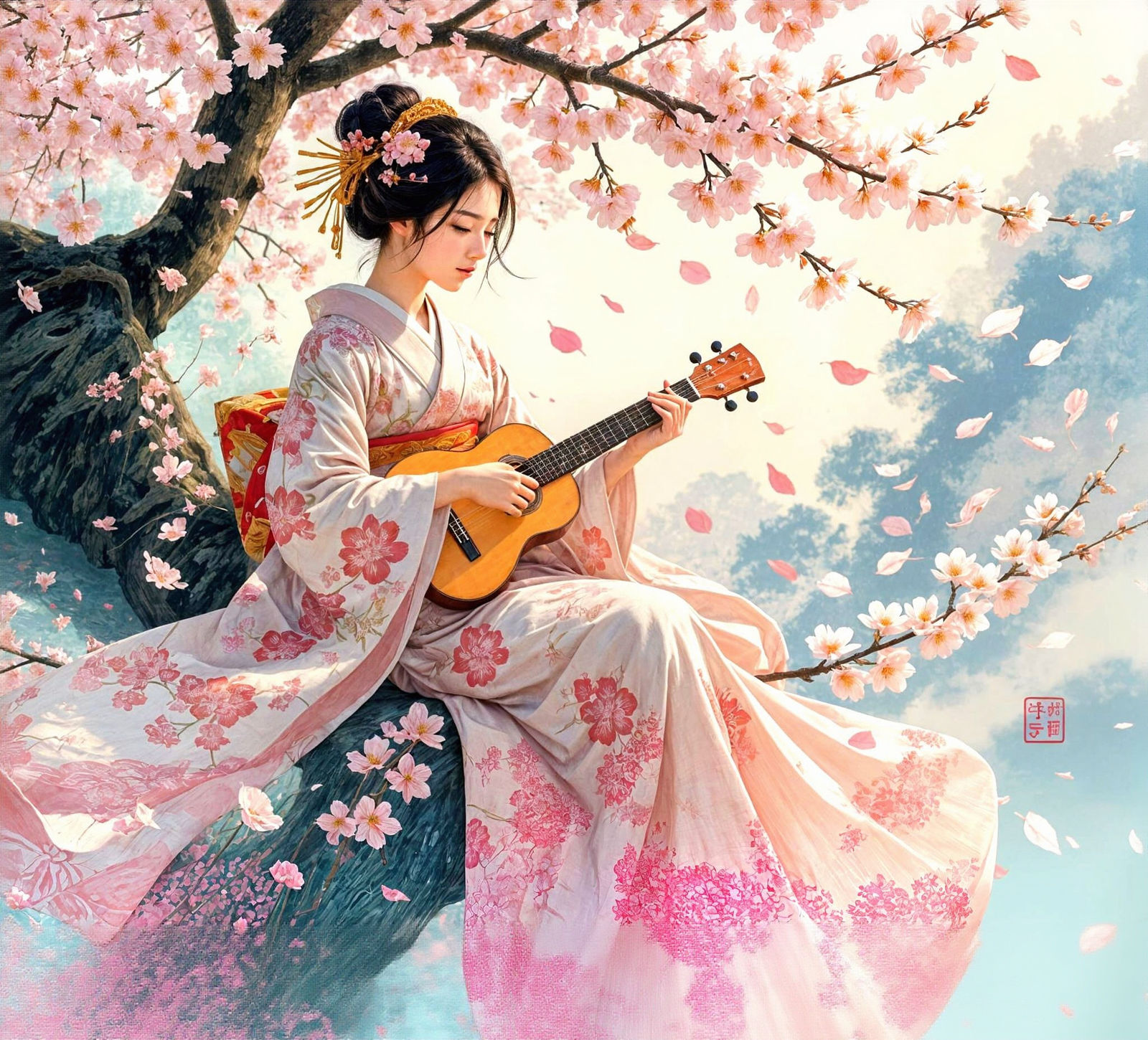 An ethereal Japanese woman wearing a flowing kimono made of cherry blossom petals blowing in the wind, ...  by @Kindly Offer