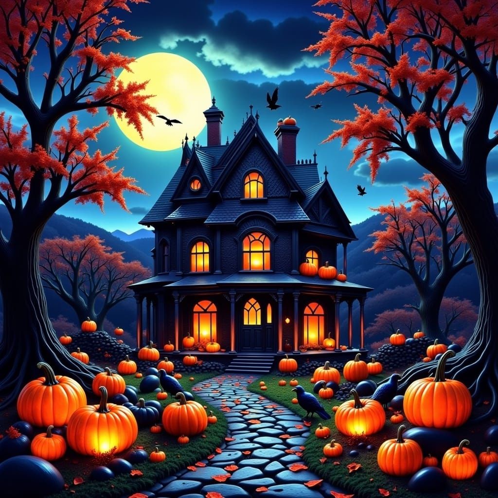 Haunted house in the Hills of the Cotswalds in England, night sky, full moon, pumpkins, crows, lush trees and foliage, intricately detailed,...