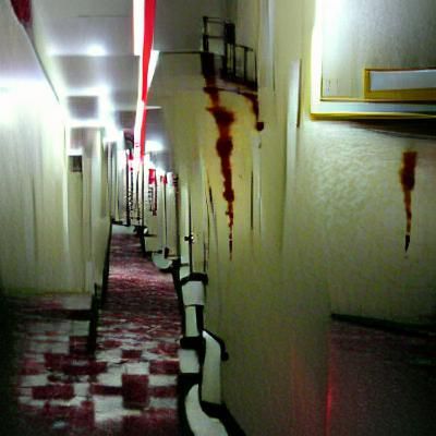A dark hotel corridor filled with blood