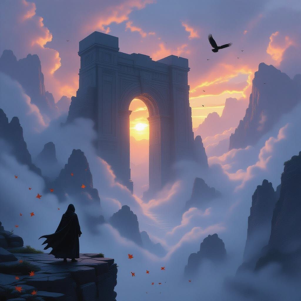 Title: "The Gate of the Misty Mountains"

Scene Description:

Setting: Massive cliffs rising into the sky, hidden by thick, swirling fog, as...