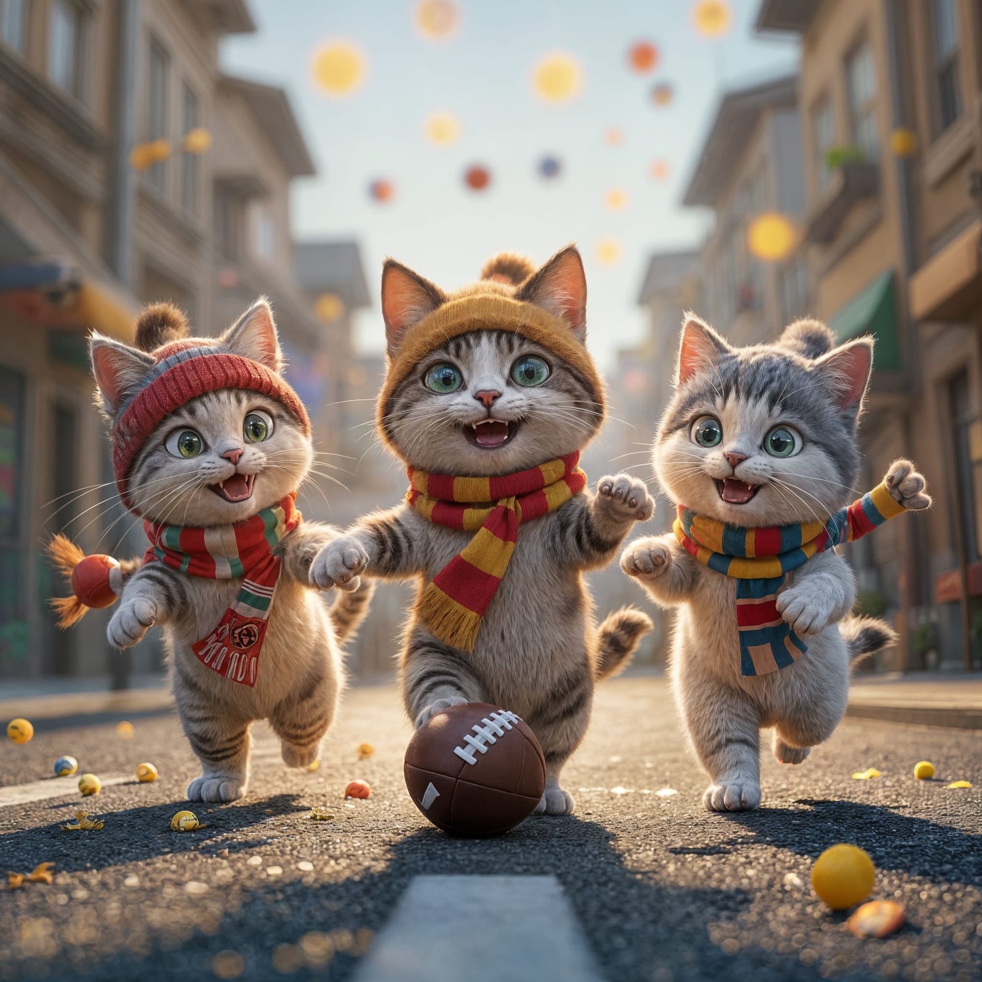 Cats having a kick about on the street.