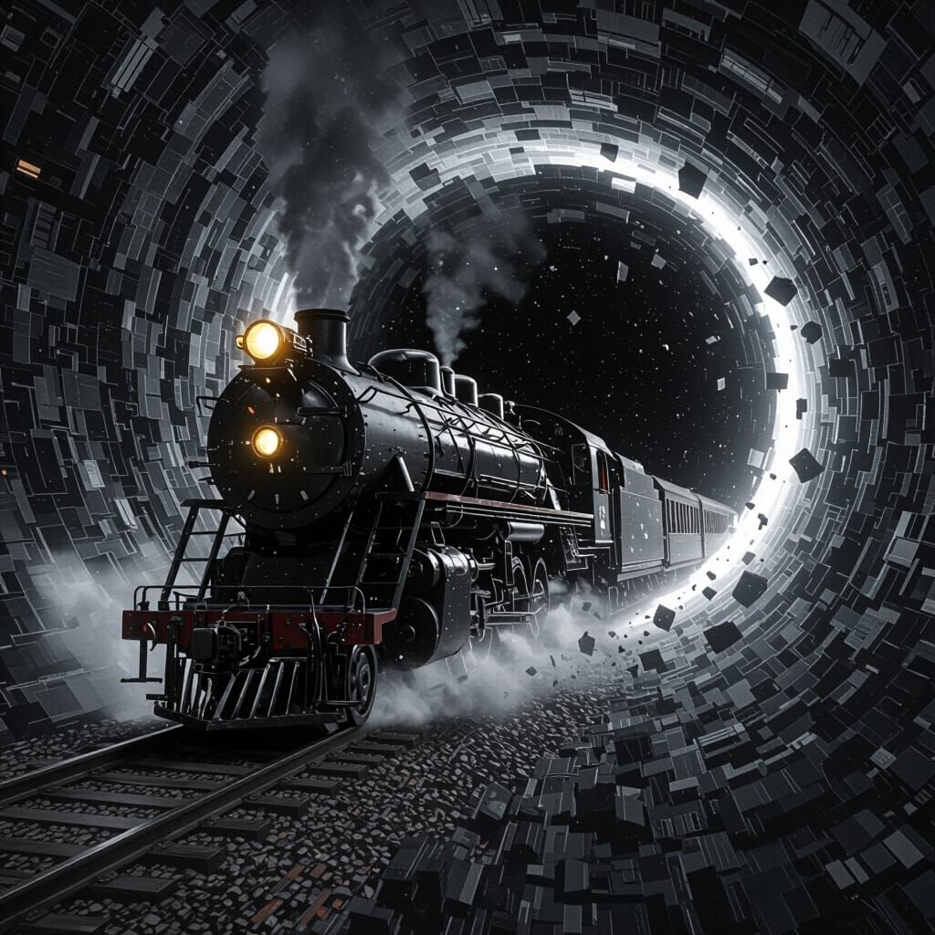 A sleek obsidian train pulled by a steam engine made of stars, entering the swirling maw of a black hole, fragments of reality breaking apar...