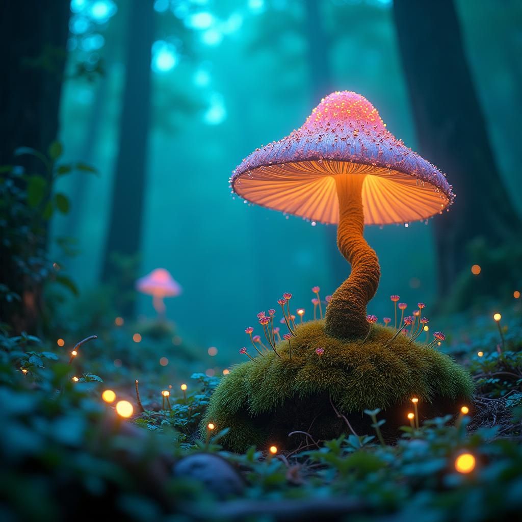 A fairy mushroom house in an enchanted bioluminescent forest. Add a beautiful elf girl to the image.