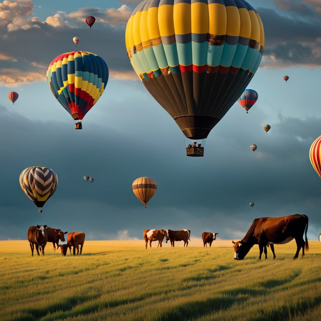 Different colour air balloons of different sizes over meadow...
