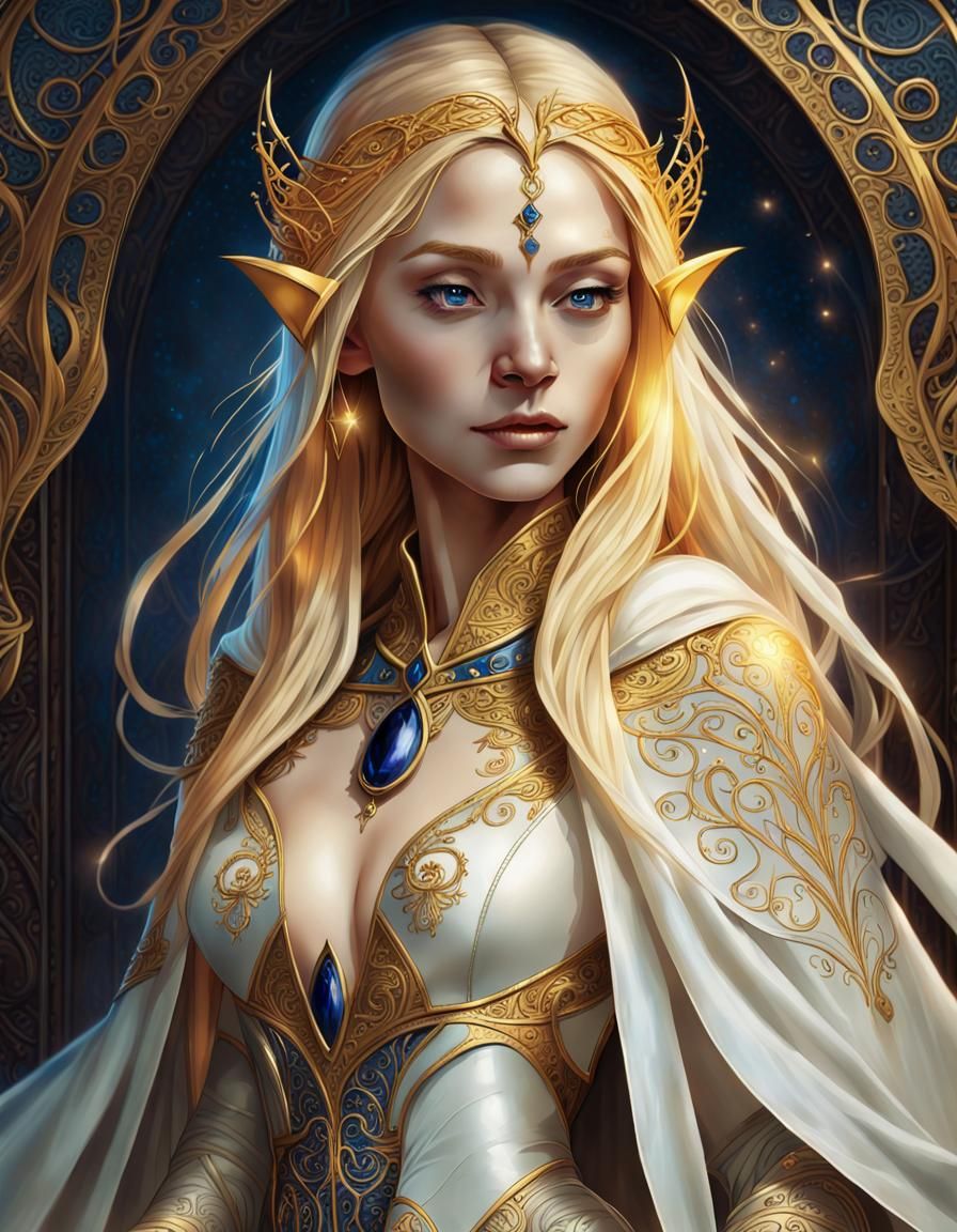 Painted Illustration A Dark Elven Elven Princess With Golden-yellow 