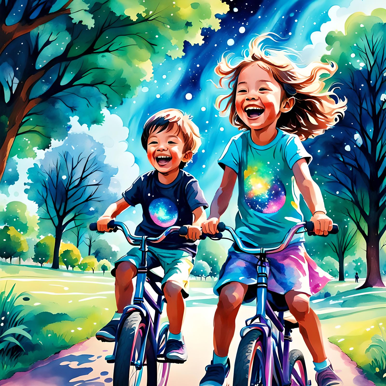 Small brother and sister riding bikes in a park, laughing, in the style of a water colour. High resolution. ...  by @Irene