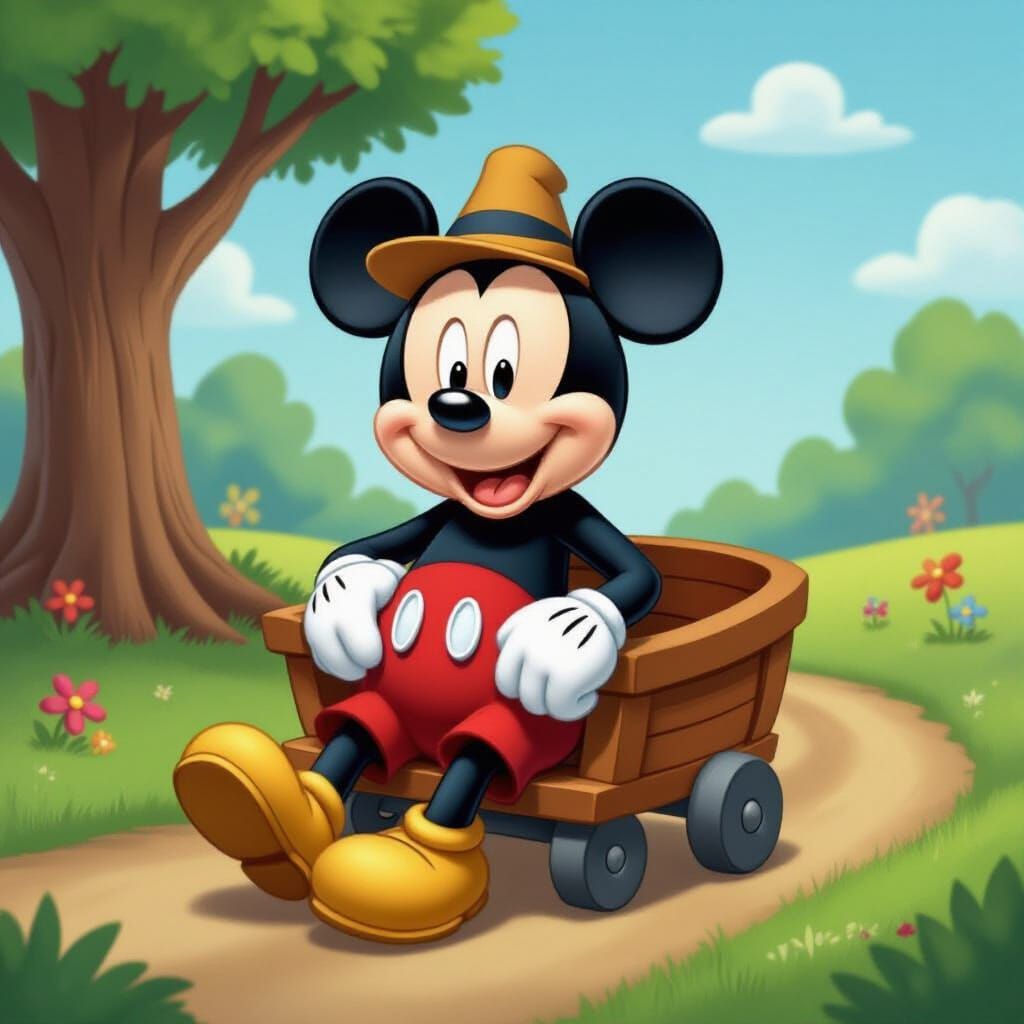 Mickey Mouse Sitting and Crying in His Wagon