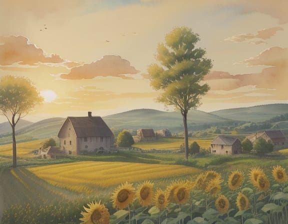 Serene Watercolor Landscape with Rolling Hills and Village