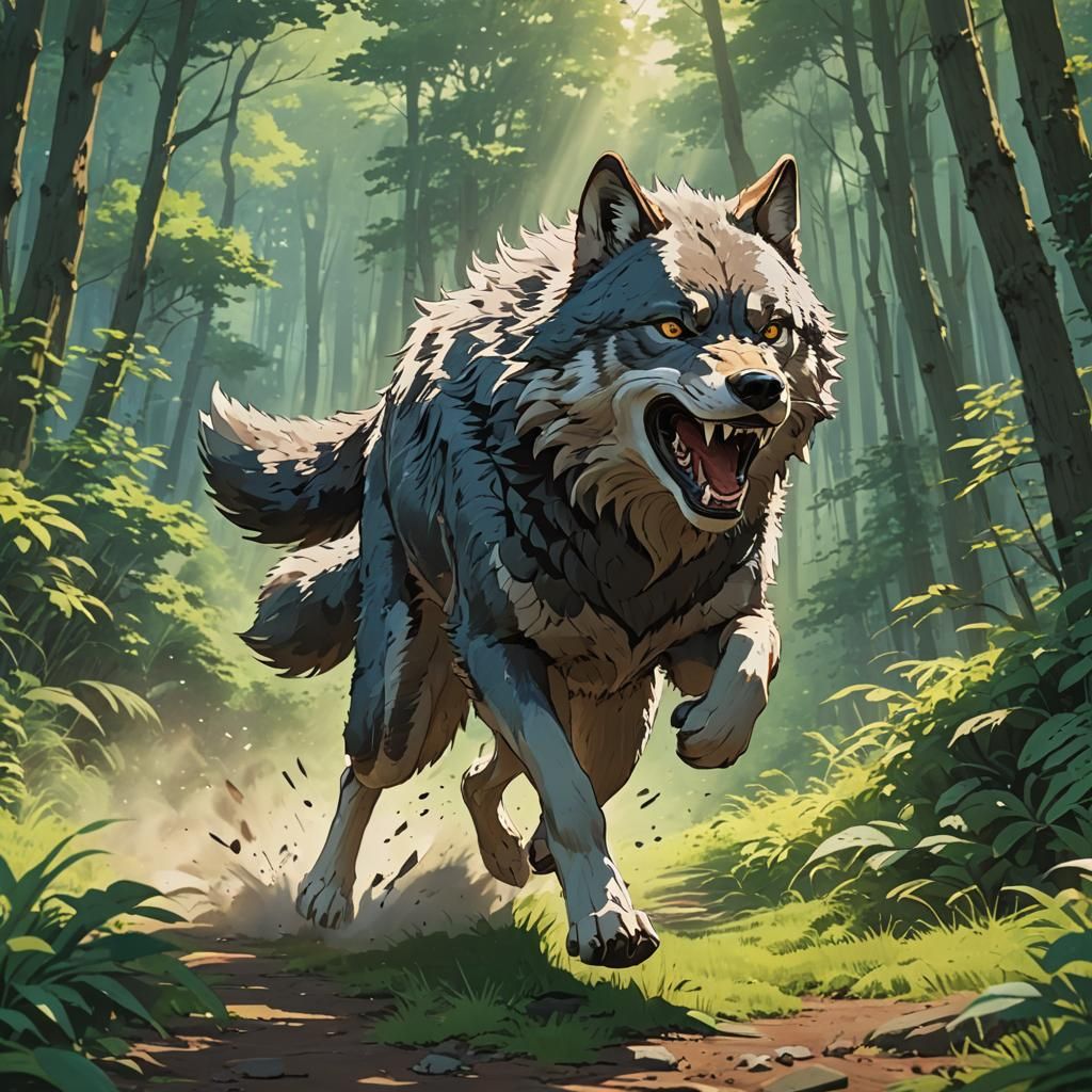 angry wolf running at full speed dramatically turning to the...