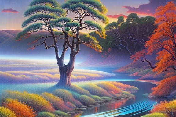 digital painting of sunrise over a lush river valley by gera...