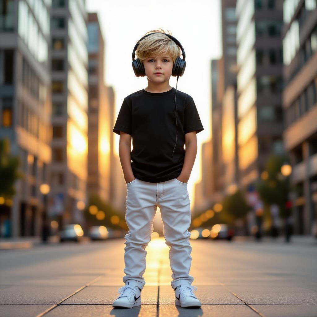 Photorealistic Boy in Urban Golden Hour