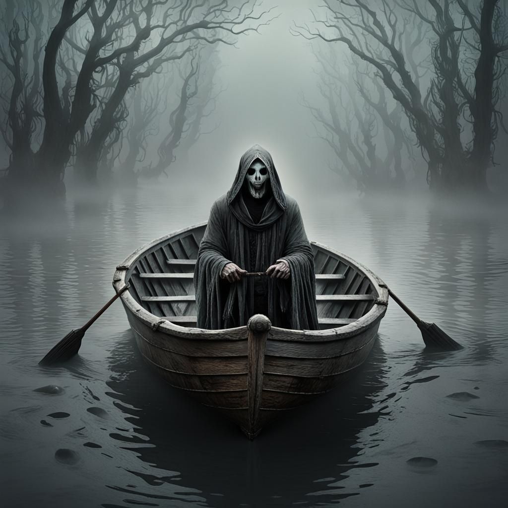 Charon ferries dead souls in a small boat on the Styx in the underworld Pluto waits on the black sand ...  by @Mikeydred