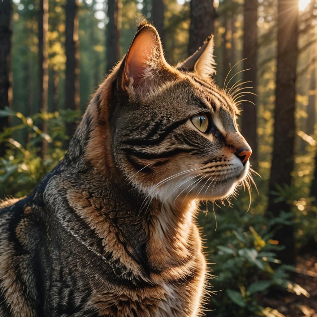 Closeup face profile of a tabby cat with a forest in the background, dramatic golden hour, cinematic lighting, realistic detailed, closeup, 