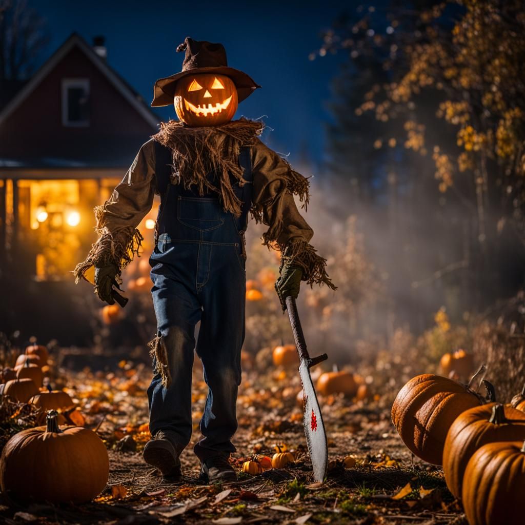 Gory Scarecrow with a pumpkin head and human glowing eyes wi...