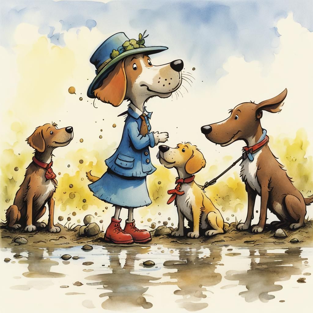 cute dogs are playing in the mud, by Quentin Blake, Tony DiT...
