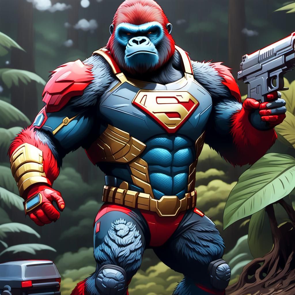 A powerful and detailed cartoon-style gorilla character standing confidently at the anymous three, dressed as ironman. The character has a s...