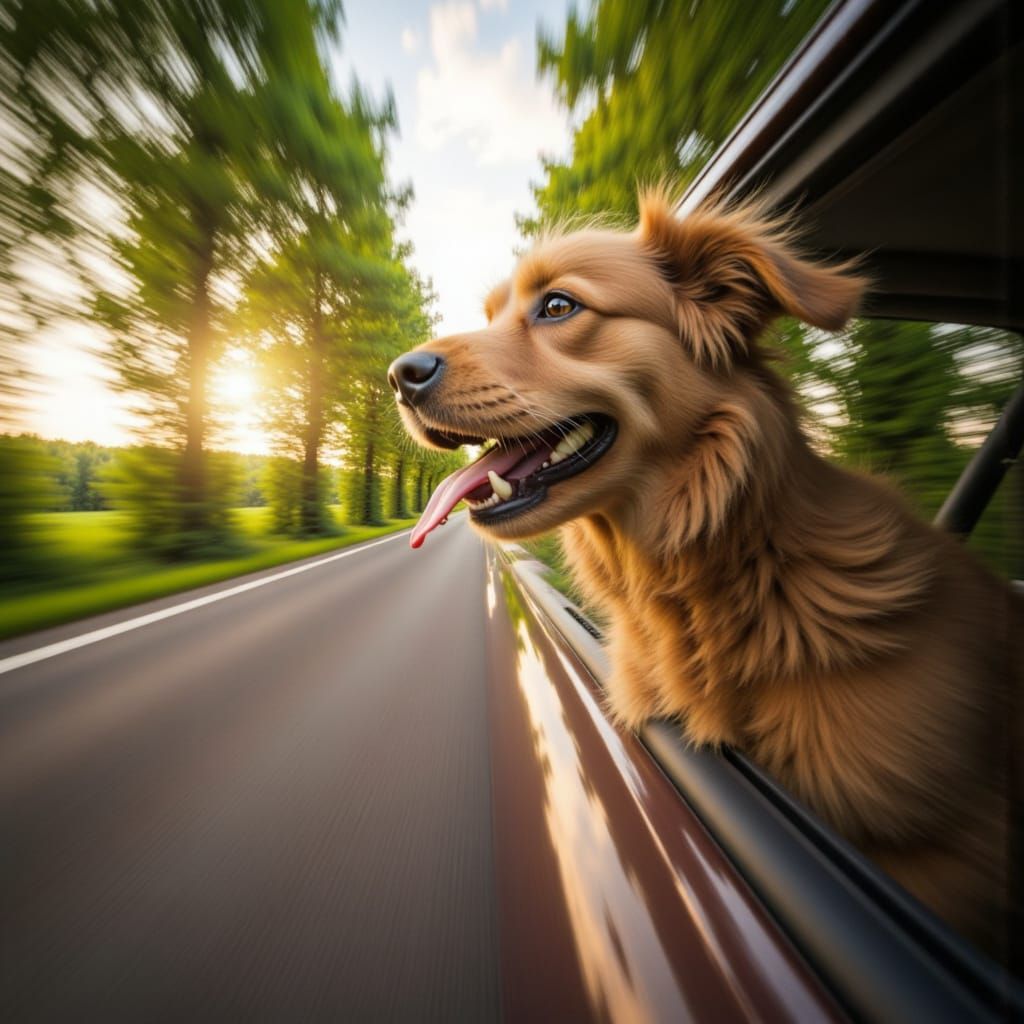 <lora:Motion Blur Speed:1.3>shaggy dog windy car ride motion blur tree lined road