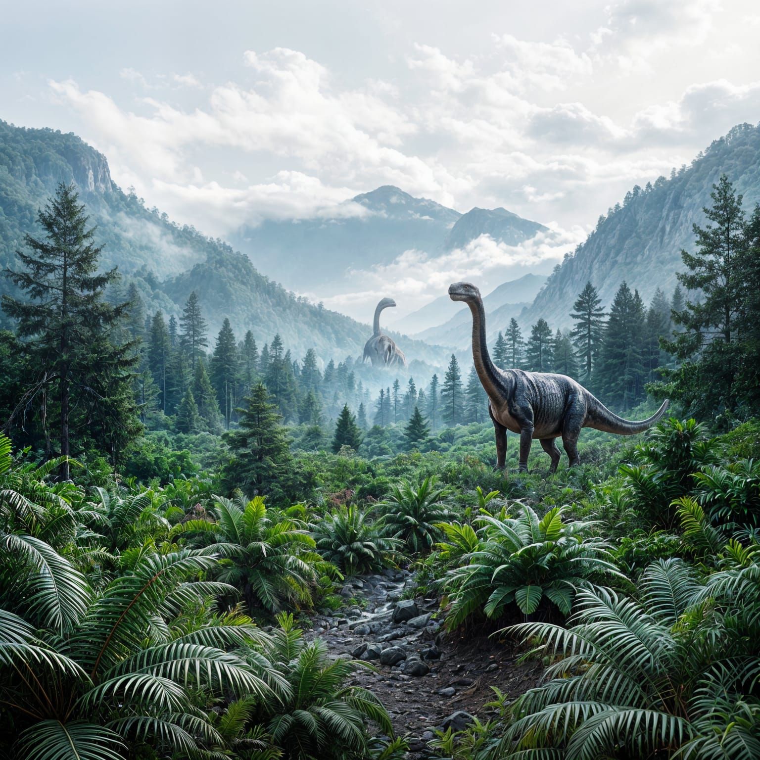 Jurassic Period, Focus on the land, lifeforms, and atmosphere of that era. Include plants, terrain, or ...  by @Gghope03 