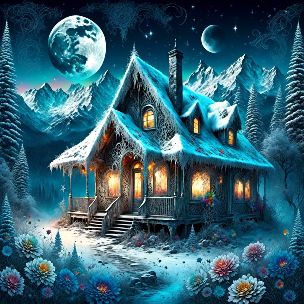 <lora:Soft Intensity:1.0> Small log cabin, lights in windows, winter, snowy forest and mountains, starry sky bright stars, realistic full mo...