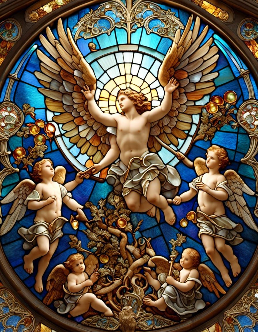 Refined Stained Glass Art :: exquisite flying male angels playing trumpets :: A masterpiece ,fractal iridescence,  holographic,  hyperrealis...