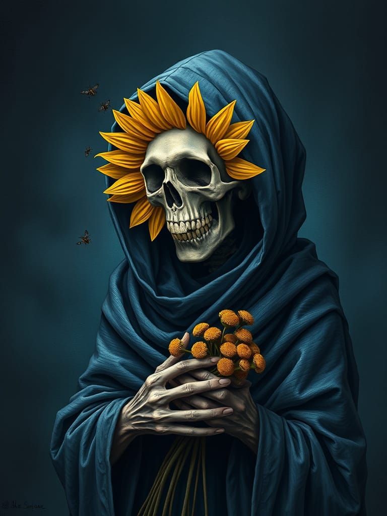Macabre Skull Figure with Sunflower in Dark Fantasy Style
