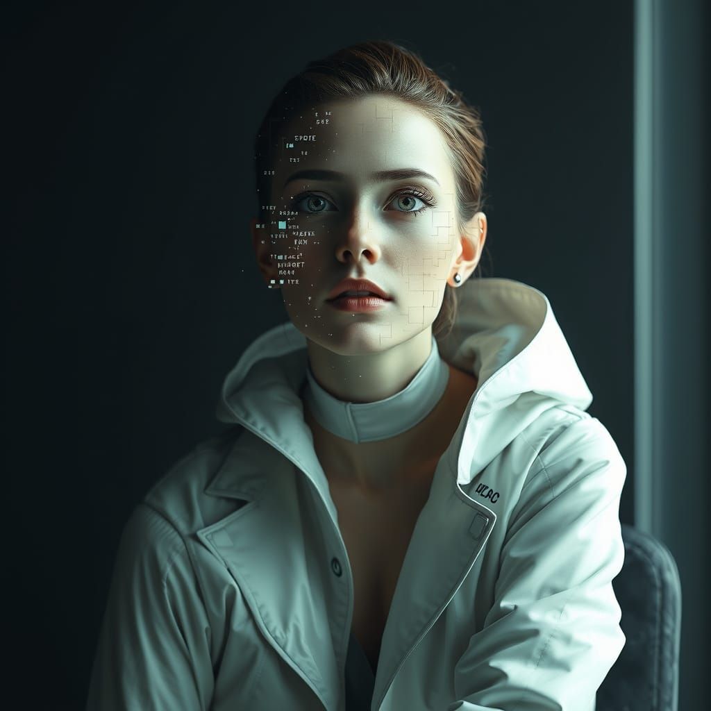 Futuristic Woman's Digital Transformation in Surreal Style
