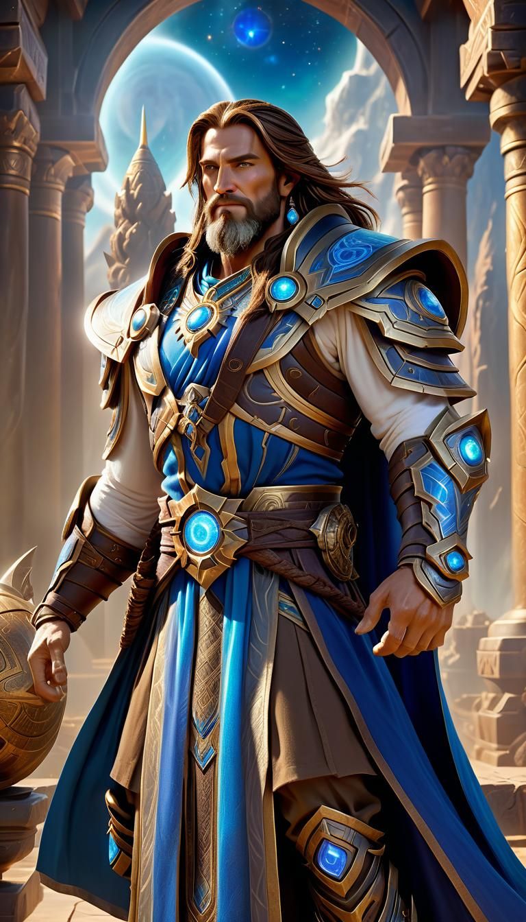 High fantasy epic male Legendary god, shoulder-length brown hair, beard, wearing celestial clothes, charismatic, scenic divine light backgr...