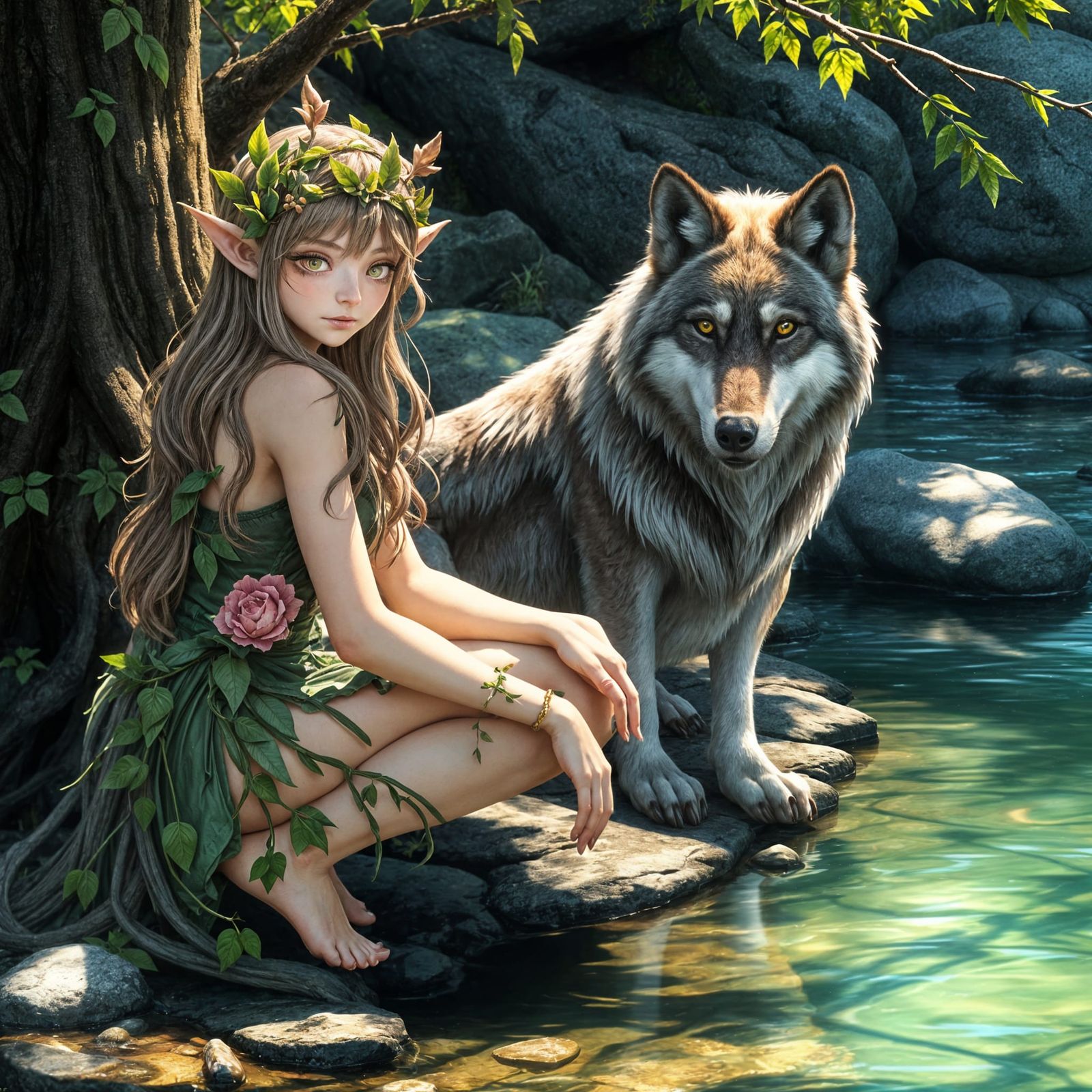 A wood elf and her wolf  by @Saige