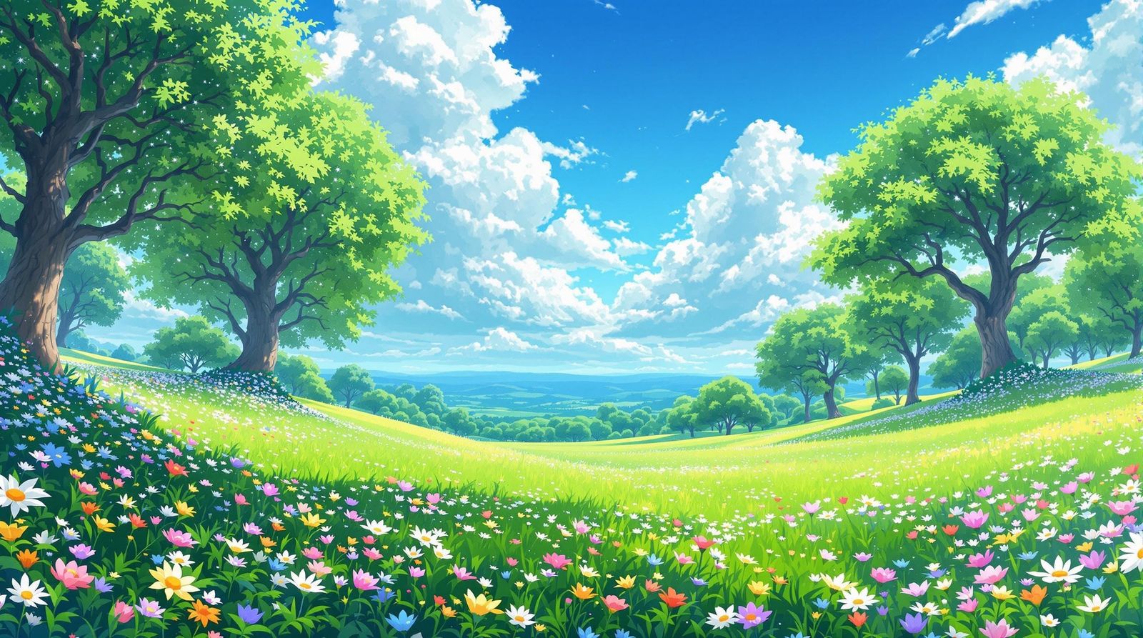 Whimsical Anime Landscape with Emerald Green Field and Cerul...
