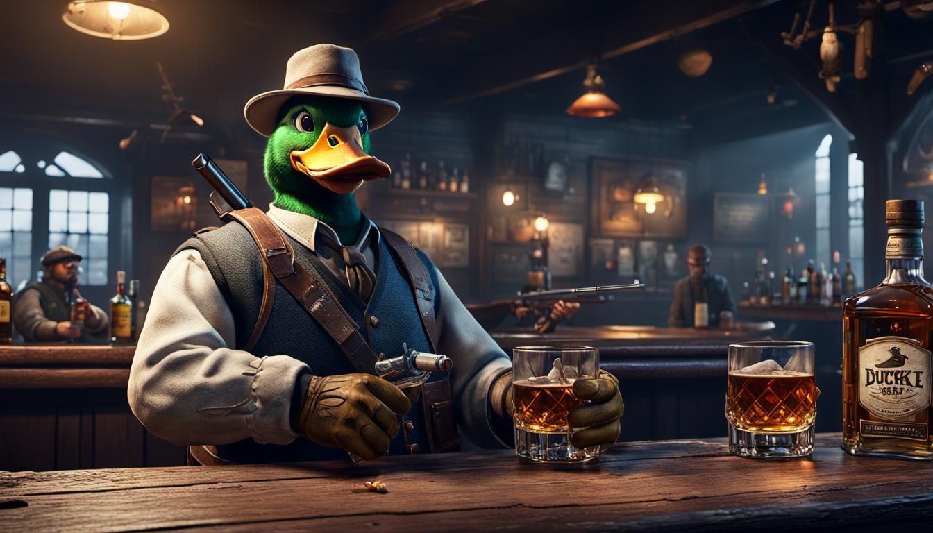 A strong trained duck in real life , at a bar , drinking whi...