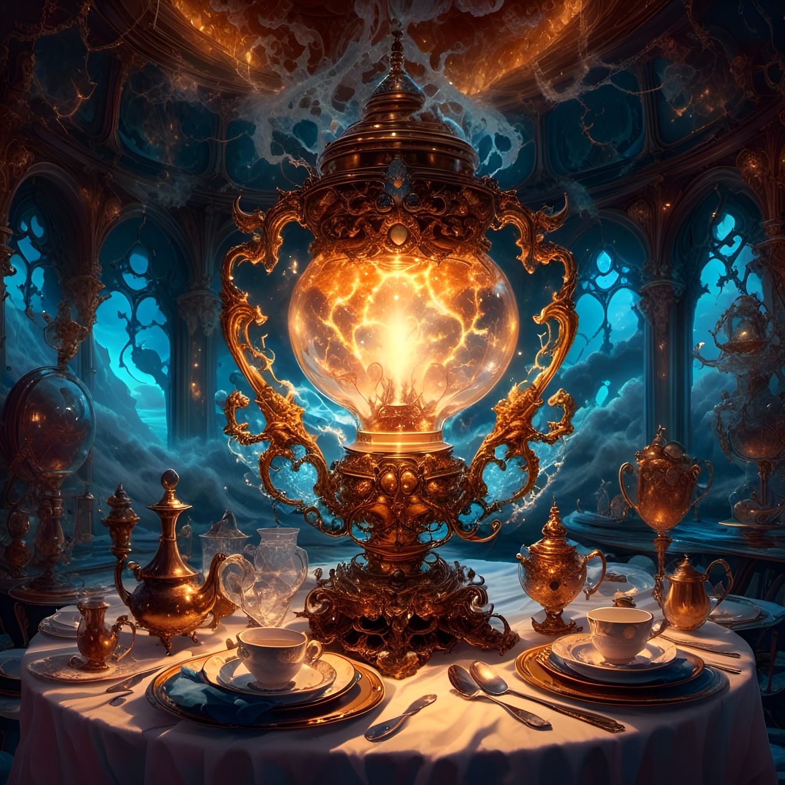 Miniature Stormy Seascape Inside Ornate Glowing Lamp