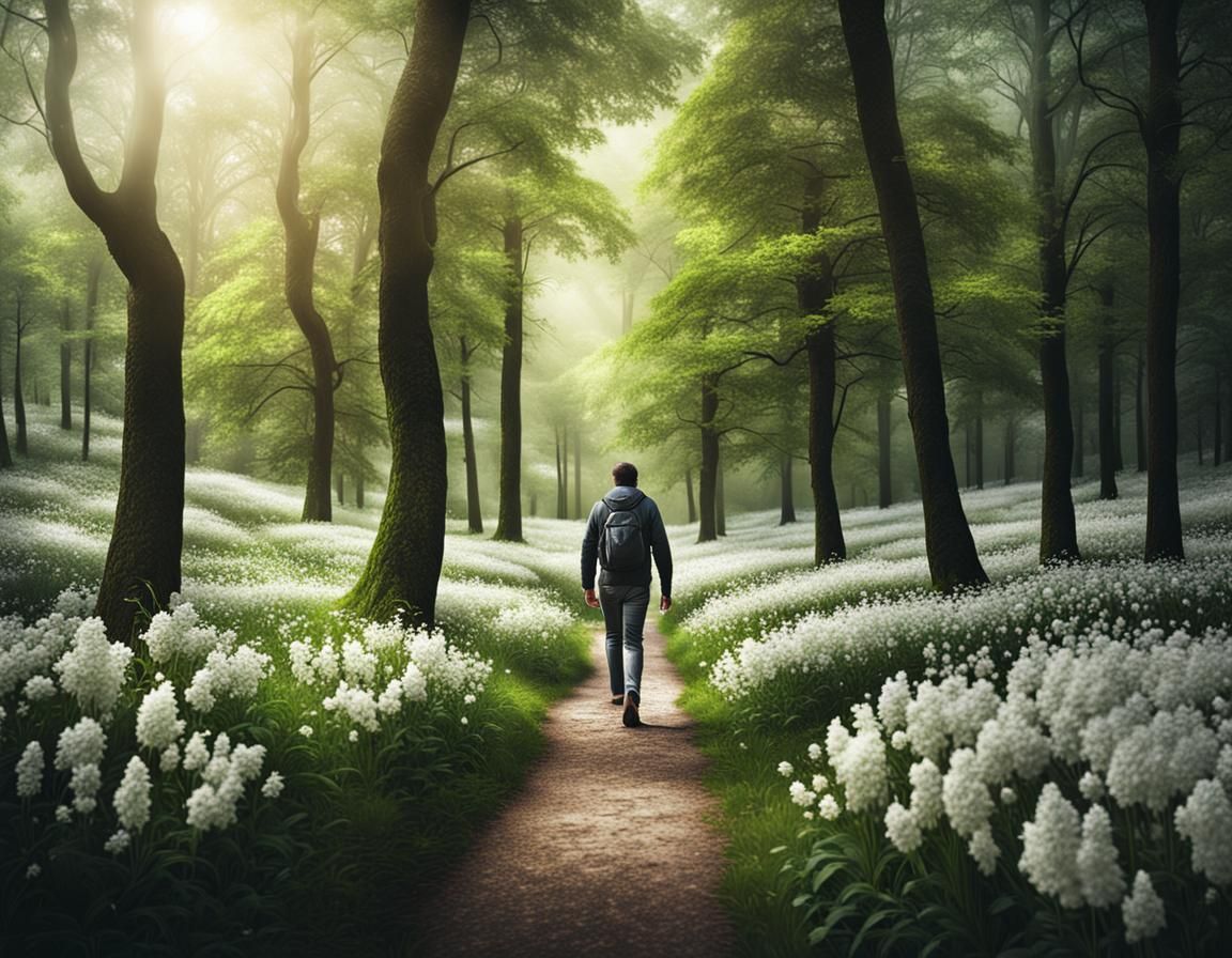 A man walking on a path in a forest park with white flowers. intricate details, HDR, beautifully shot, hyperrealistic, sharp focus, 64 megap...