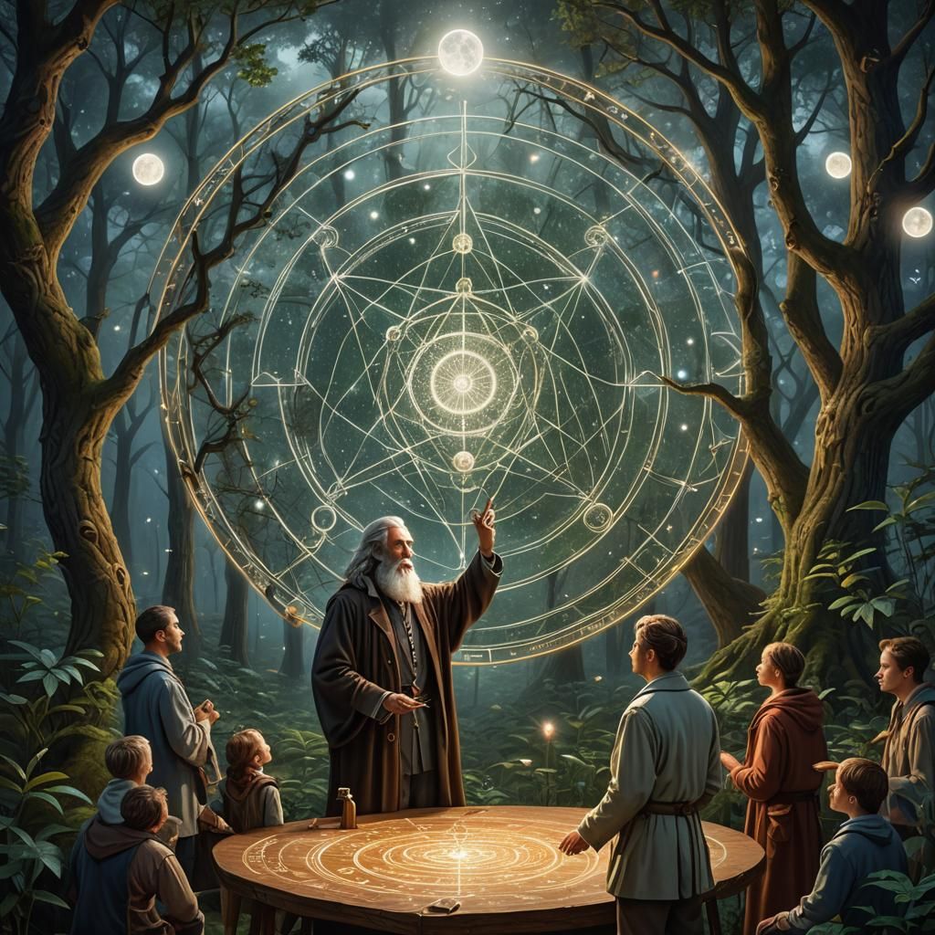 A wise mathematician teaching his students, sacred symbols   by @Agatta