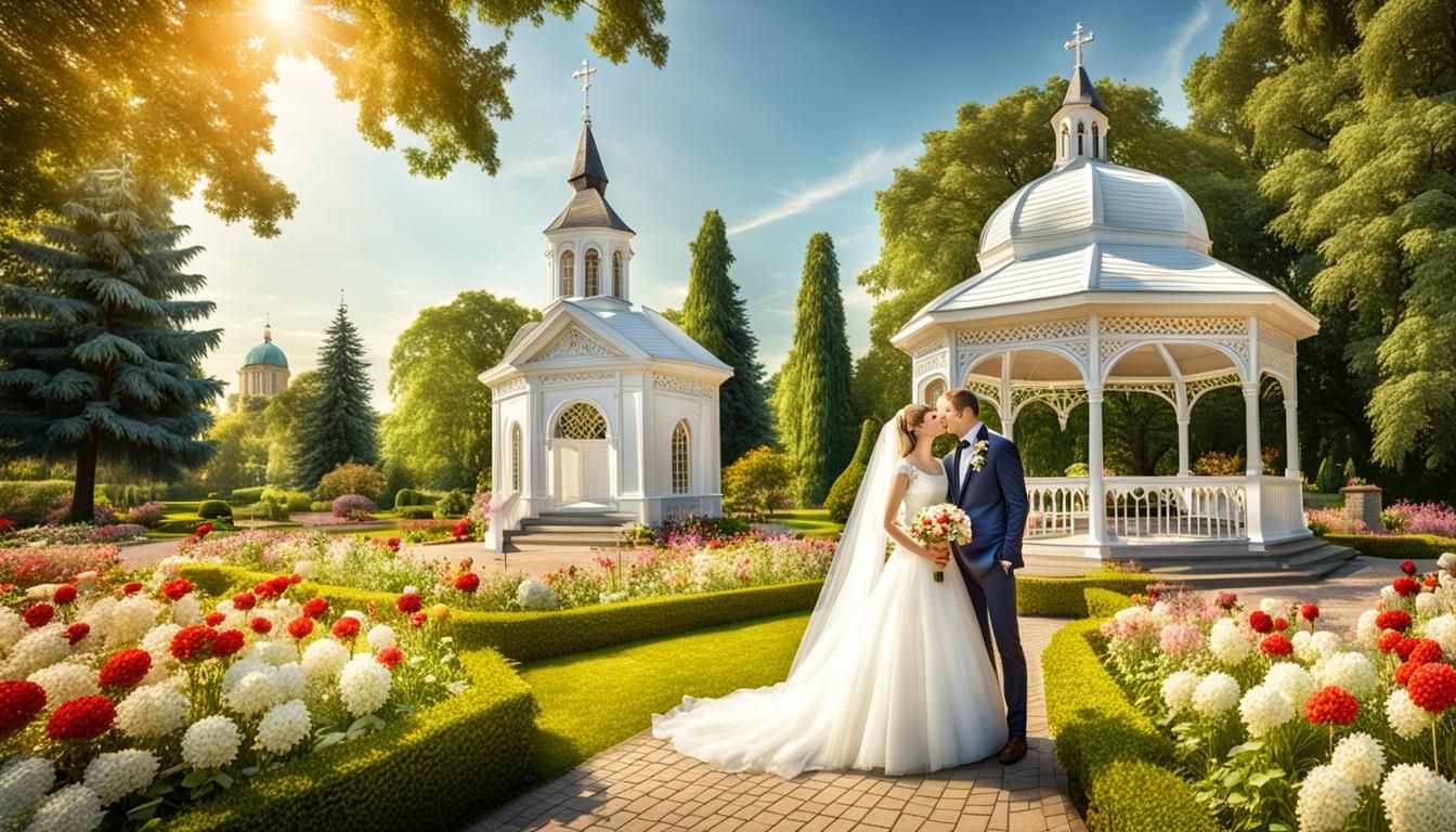 Christian wedding near a white gazebo and an enormous church in a garden park with trees and flowers.  intricate details, HDR, beautifully s...