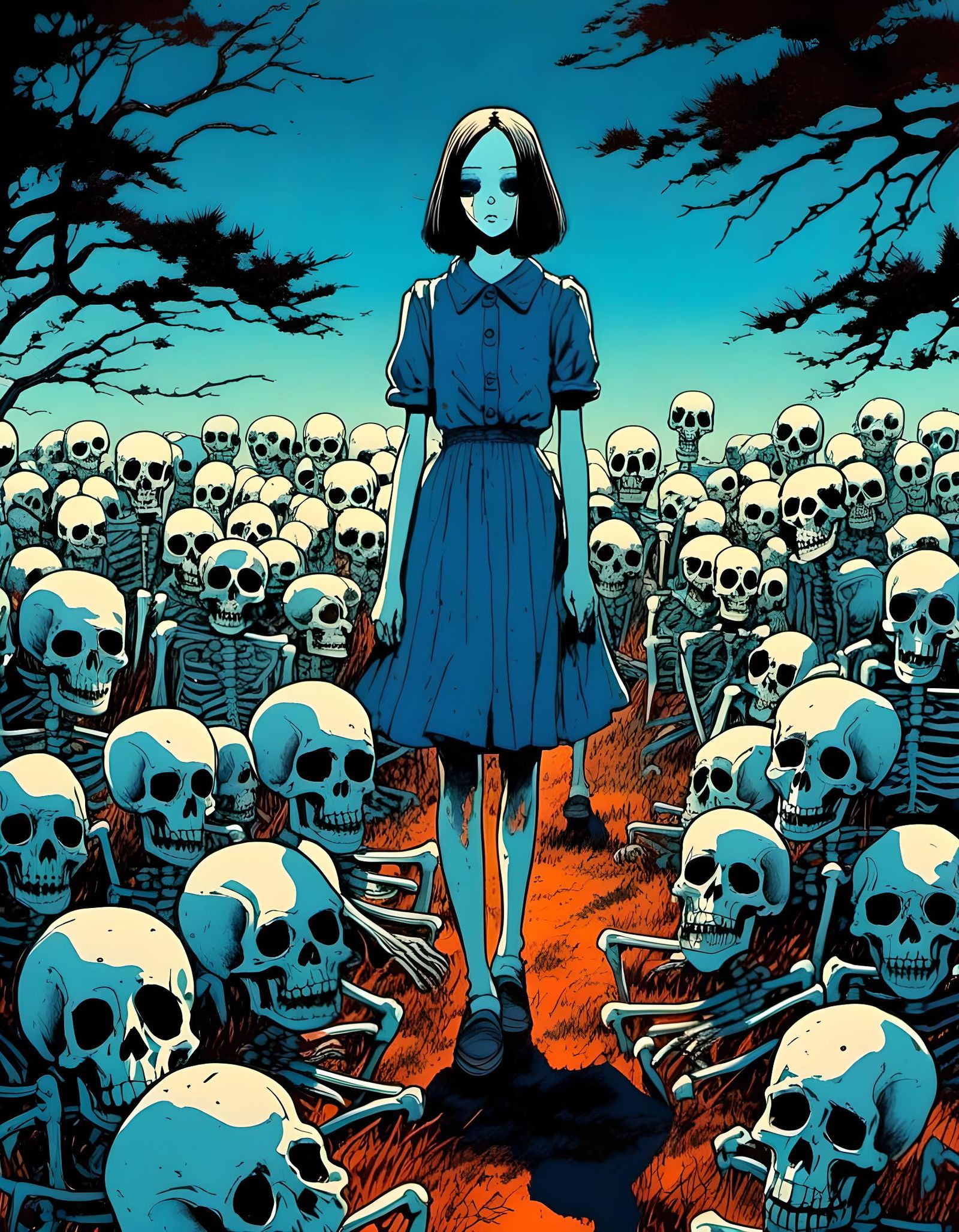 Stylized hyperrealistic retro dark surreal manhwa painting in acrylic ink. Cel-shaded. Triadic colors dominated by blue. Cool toned vibrancy...