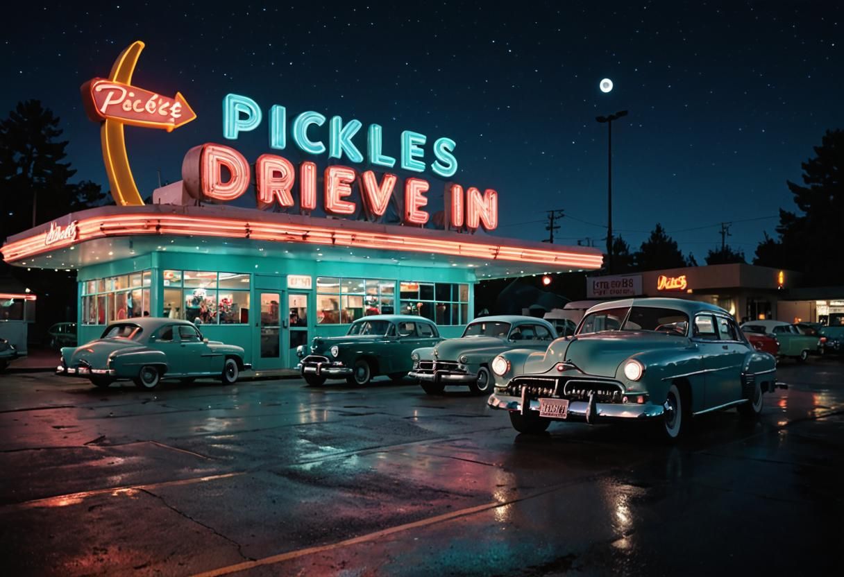 A night shot of a 1950’s Googie styled drive-in restaurant. Polished aluminum and glass block facade with lots of neon lighting and signage...