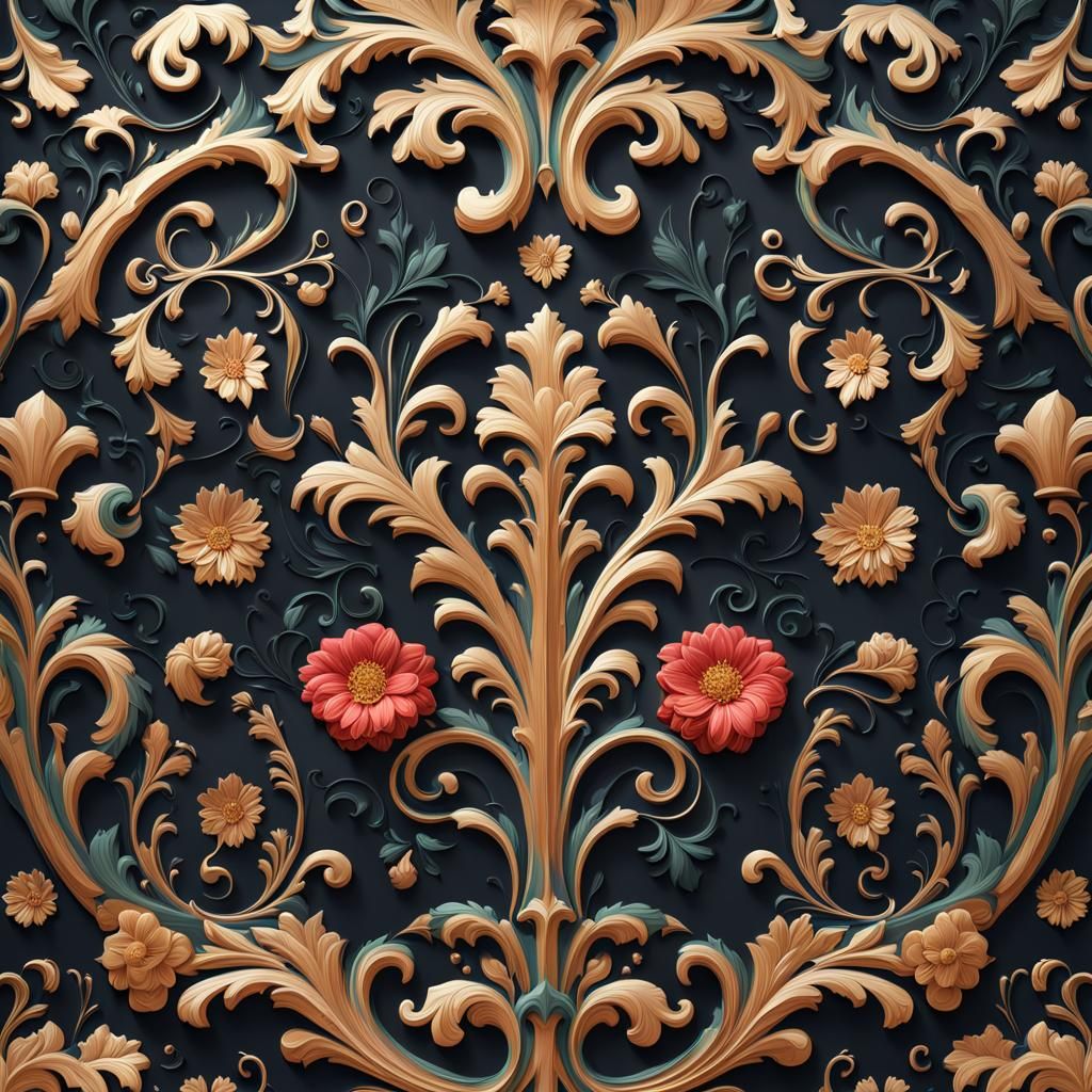 A flat black background embossed with floral flourishes and ...