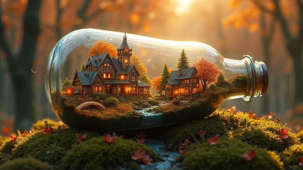  Miniature Autumnal Scenes masterpiece, oil painting, tiny, glowing intricate digital art of a illuminated village nestled, gardens, river a...