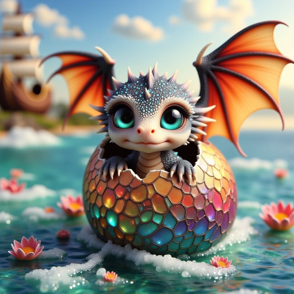 <lora:Flux Real BabyDragon:1.0> Realistic baby dragon, big expressive eyes, intricate scales, symmetrical wings; sailing ship, ocean, sunny...