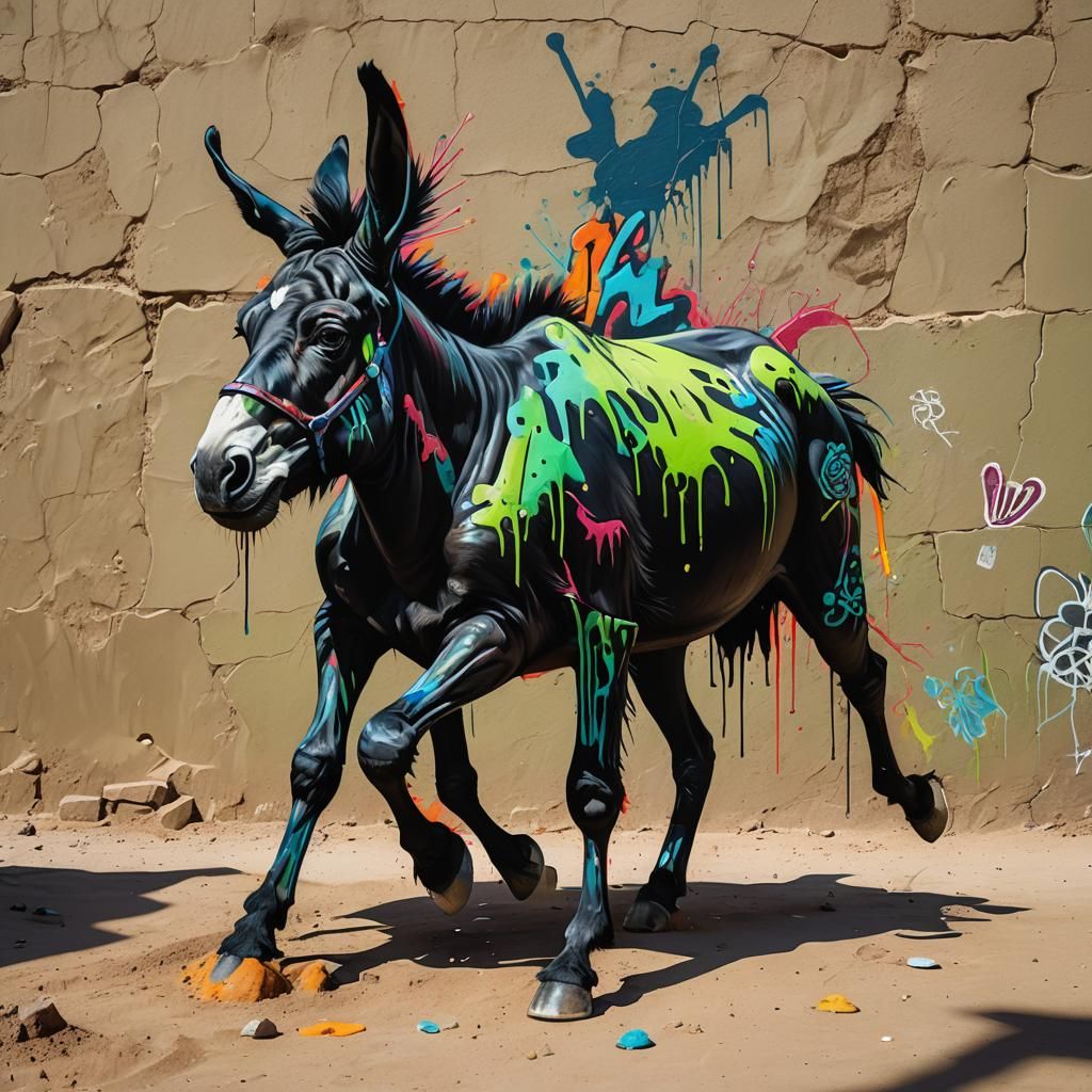 Black Donkey in Desert, Vibrant Street Art Style
