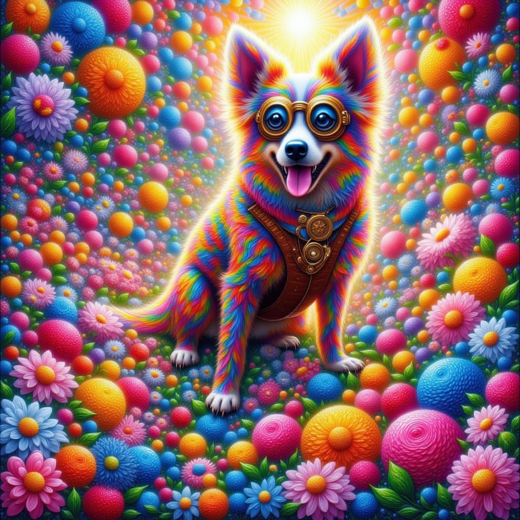 <lora:kak-colorful Impasto:1.0> surrealistic colorful scene of a steampunk dog glowing while he is going down through colorful stairs made e...