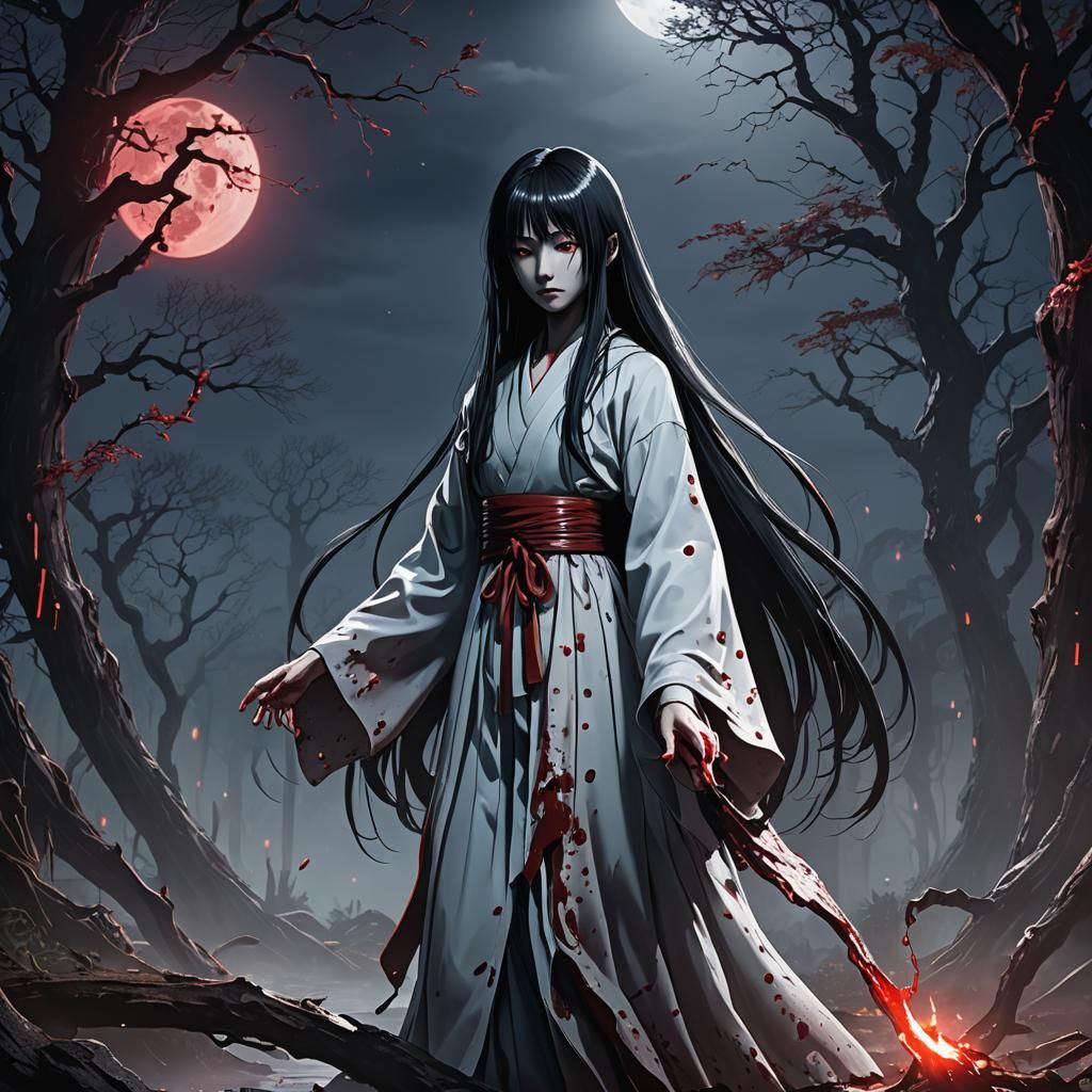 Sadako from the ring In an anime art style as a Yandare in the moonlight  hot covered with blood - AI Generated Artwork - NightCafe Creator