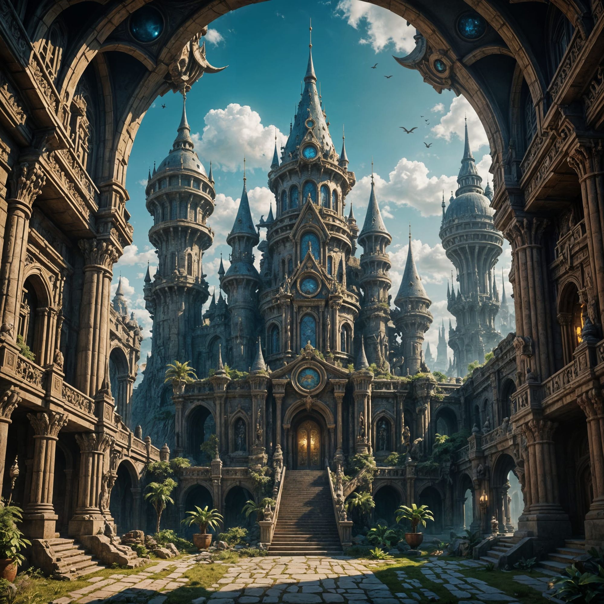 Ancient Alien high society kingdom with regal and unnatural artifacts, beautiful architecture, and unique features